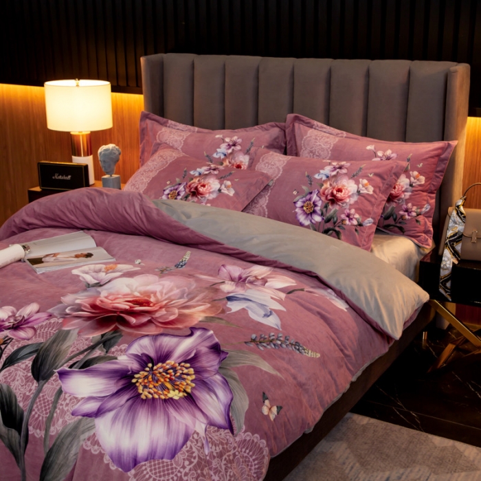 91家纺网 家纺一手货源 找家纺 金奇达 2019大版数码花卉系列宝宝绒四件套 唯美-豆沙