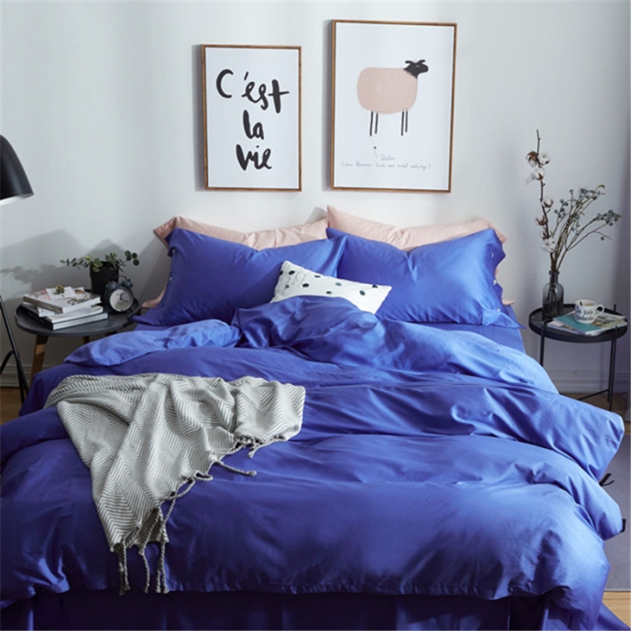 91家纺网 家纺一手货源 找家纺 优然居家纺 60支长绒棉纯色四件套宝蓝