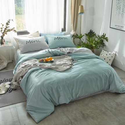 91家纺网 家纺一手货源 找家纺 优然居家纺  60长绒棉文艺双拼撞色刺绣系列四件套校园回忆