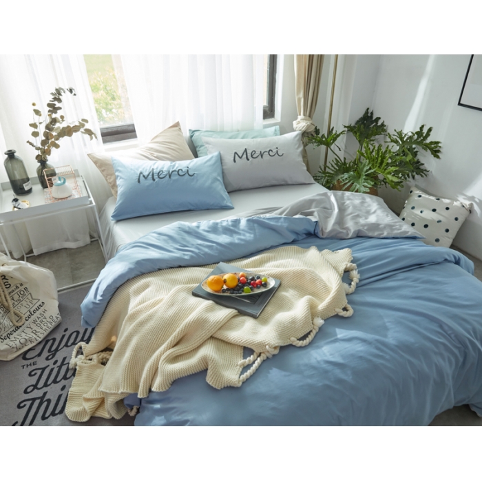 91家纺网 家纺一手货源 找家纺 优然居家纺  60长绒棉文艺双拼撞色刺绣系列四件套青涩初恋