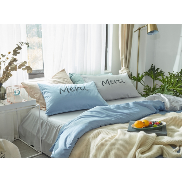 91家纺网 家纺一手货源 找家纺 优然居家纺  60长绒棉文艺双拼撞色刺绣系列四件套青涩初恋