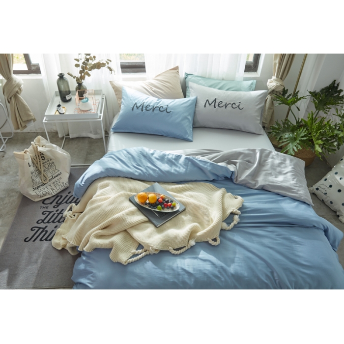 91家纺网 家纺一手货源 找家纺 优然居家纺  60长绒棉文艺双拼撞色刺绣系列四件套青涩初恋