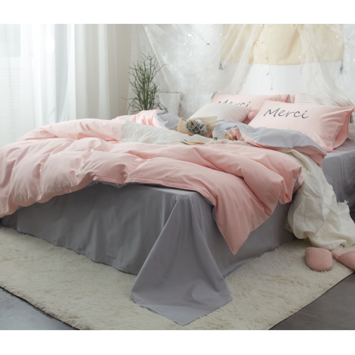 91家纺网 家纺一手货源 找家纺 优然居家纺  60长绒棉文艺双拼撞色刺绣系列四件套粉灰