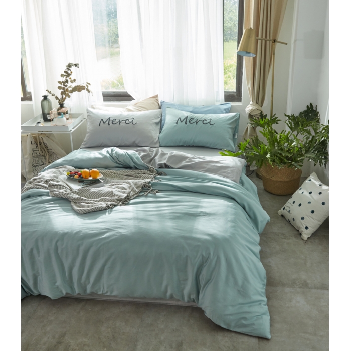 91家纺网 家纺一手货源 找家纺 优然居家纺  60长绒棉文艺双拼撞色刺绣系列四件套校园回忆