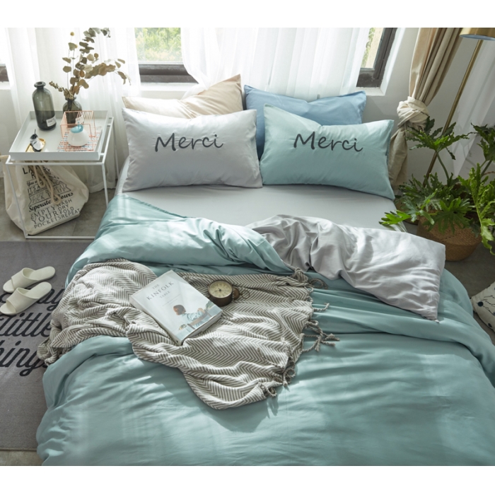 91家纺网 家纺一手货源 找家纺 优然居家纺  60长绒棉文艺双拼撞色刺绣系列四件套校园回忆