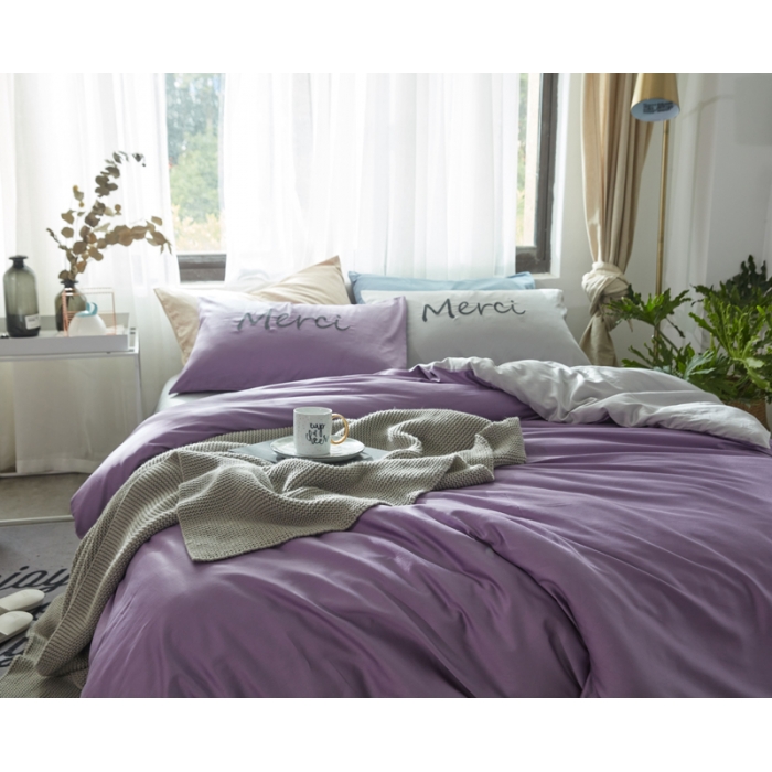 91家纺网 家纺一手货源 找家纺 优然居家纺  60长绒棉文艺双拼撞色刺绣系列四件套紫色记忆