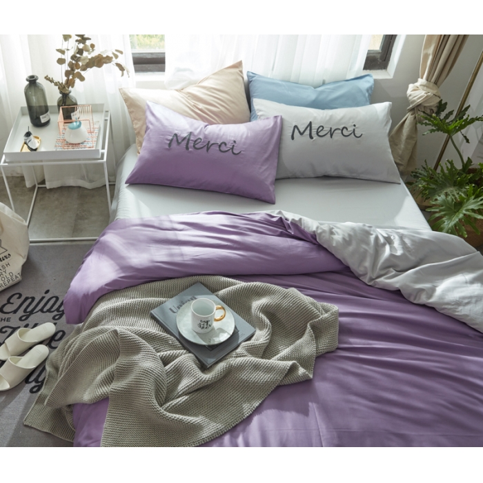 91家纺网 家纺一手货源 找家纺 优然居家纺  60长绒棉文艺双拼撞色刺绣系列四件套紫色记忆