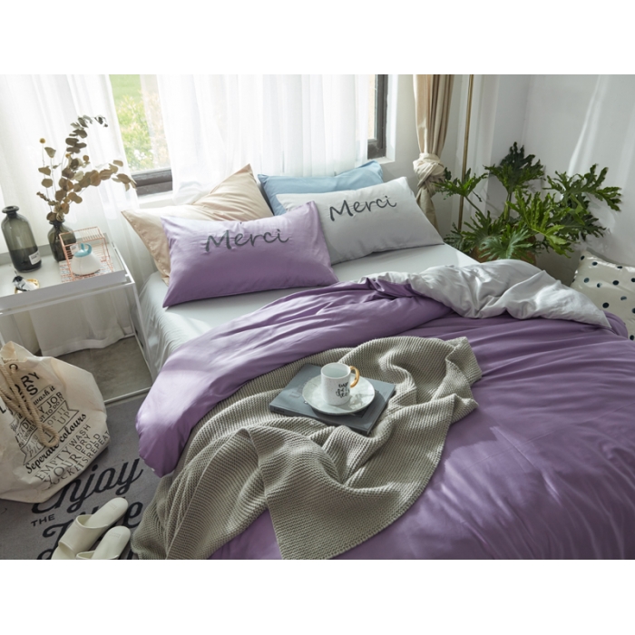 91家纺网 家纺一手货源 找家纺 优然居家纺  60长绒棉文艺双拼撞色刺绣系列四件套紫色记忆