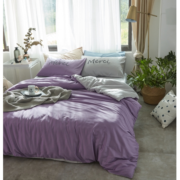 91家纺网 家纺一手货源 找家纺 优然居家纺  60长绒棉文艺双拼撞色刺绣系列四件套紫色记忆