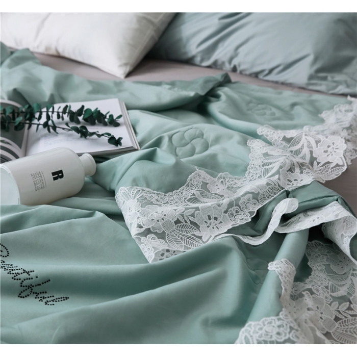 91家纺网 家纺一手货源 找家纺 优然居家纺 2018长绒棉蕾丝花边公主风格夏被 薄荷绿