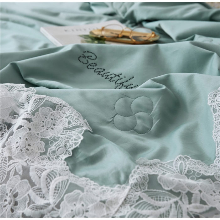 91家纺网 家纺一手货源 找家纺 优然居家纺 2018长绒棉蕾丝花边公主风格夏被 薄荷绿