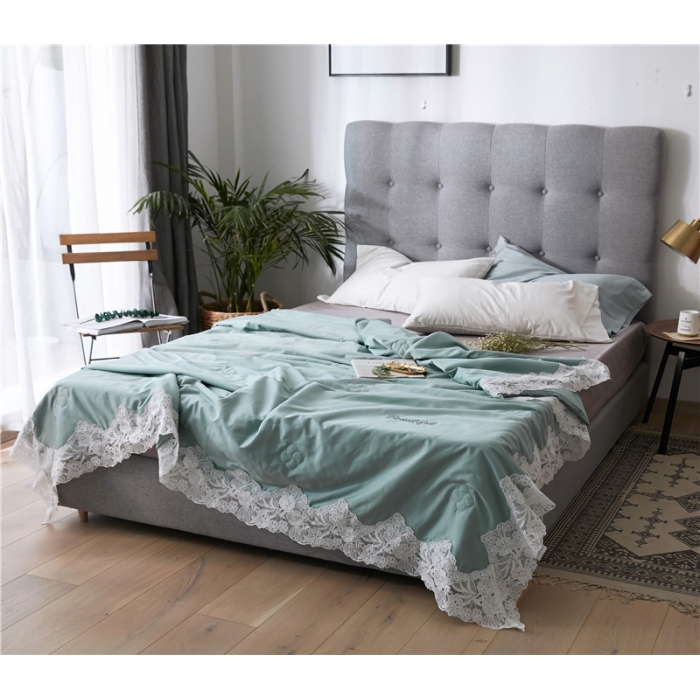 91家纺网 家纺一手货源 找家纺 优然居家纺 2018长绒棉蕾丝花边公主风格夏被 薄荷绿