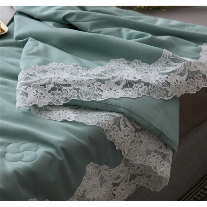 91家纺网 家纺一手货源 找家纺 优然居家纺 2018长绒棉蕾丝花边公主风格夏被 薄荷绿
