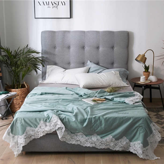 91家纺网 家纺一手货源 找家纺 优然居家纺 2018长绒棉蕾丝花边公主风格夏被 薄荷绿