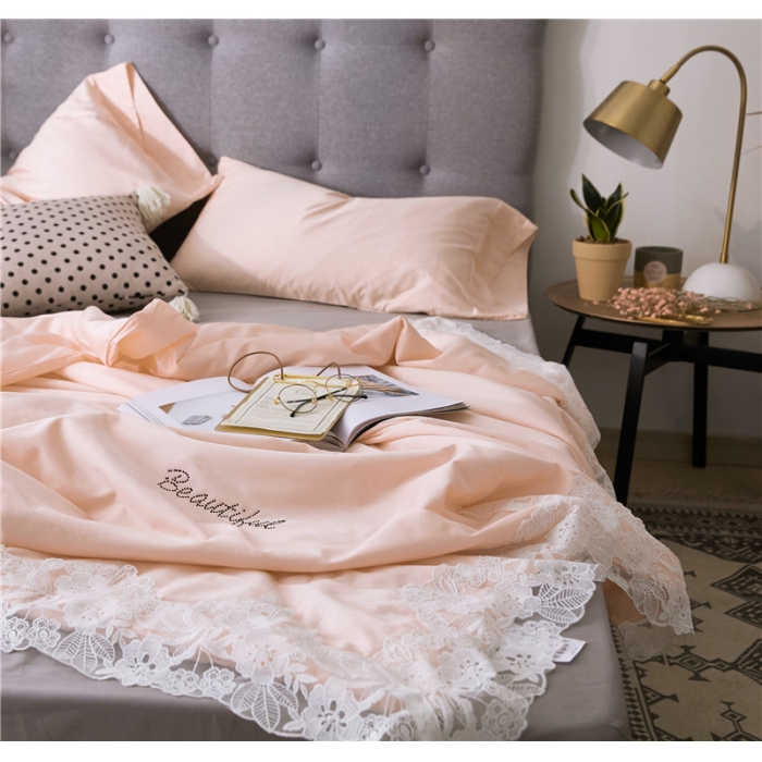 91家纺网 家纺一手货源 找家纺 优然居家纺 2018长绒棉蕾丝花边公主风格夏被 萝莉粉
