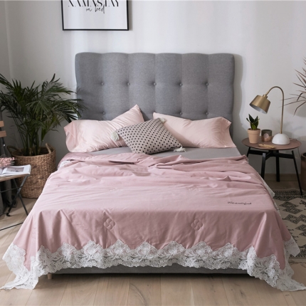 优然居家纺 2018长绒棉蕾丝花边公主风格夏被 暖心粉