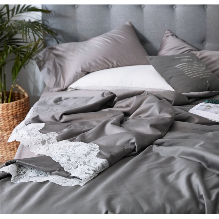 91家纺网 家纺一手货源 找家纺 优然居家纺 2018长绒棉蕾丝花边公主风格夏被 深邃灰