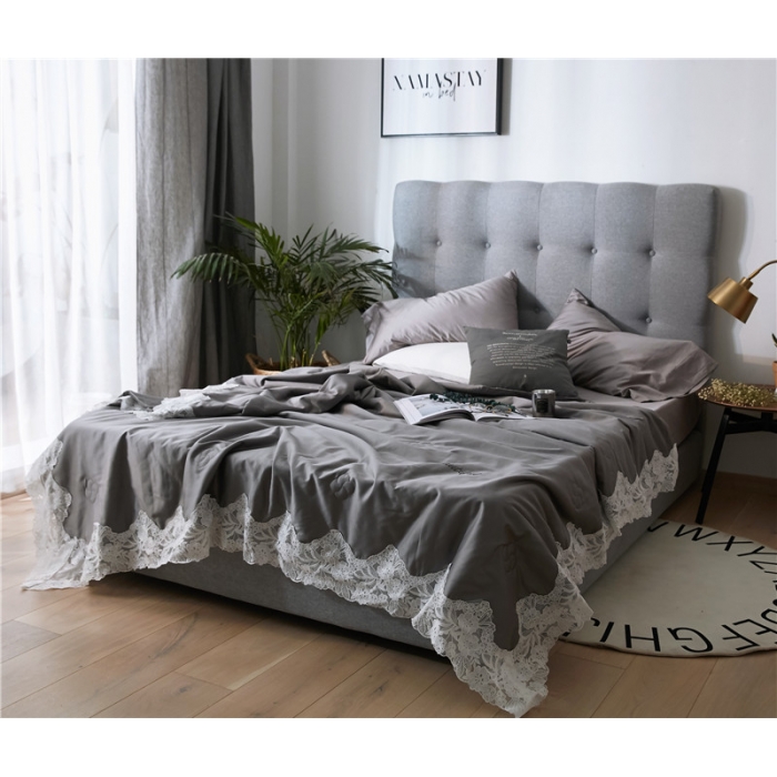 91家纺网 家纺一手货源 找家纺 优然居家纺 2018长绒棉蕾丝花边公主风格夏被 深邃灰