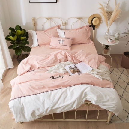 91家纺网 家纺一手货源 找家纺 优然居家居 2018赫尔风水洗刺绣款四件套 赫本粉