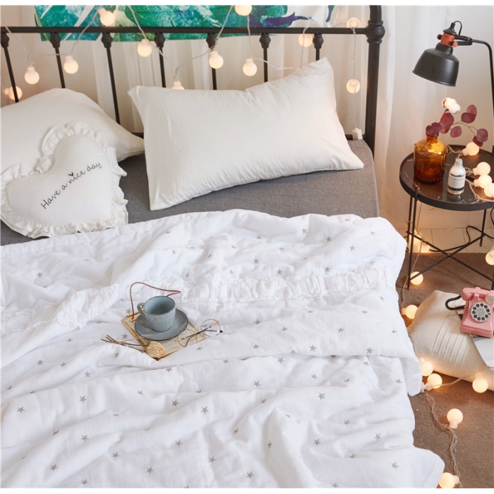 91家纺网 家纺一手货源 找家纺 优然居家居 2018新款星星夏被 双层纱白色星星