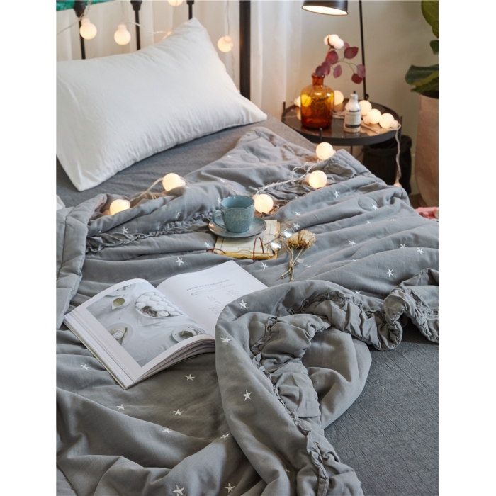 91家纺网 家纺一手货源 找家纺 优然居家居 2018新款星星夏被 双层纱灰色星星