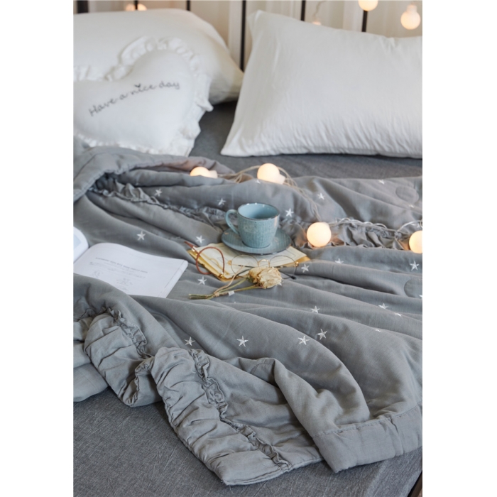 91家纺网 家纺一手货源 找家纺 优然居家居 2018新款星星夏被 双层纱灰色星星