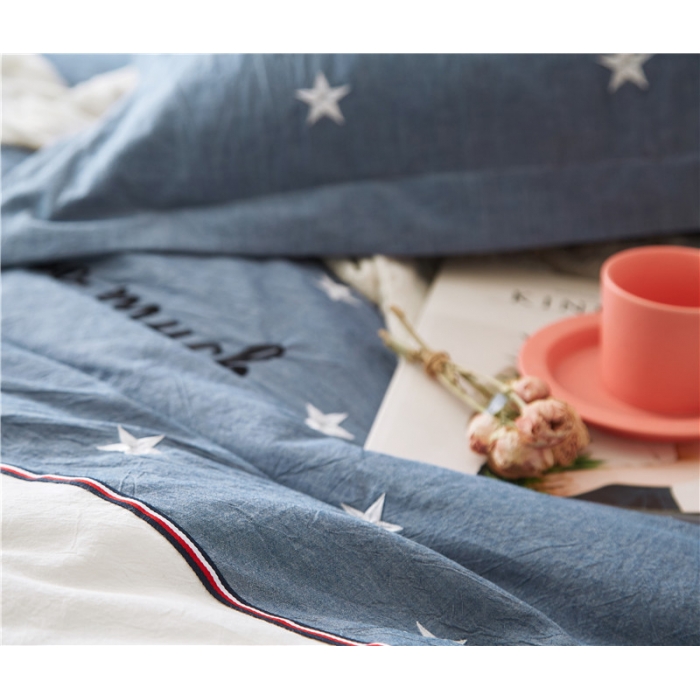 91家纺网 家纺一手货源 找家纺 优然居家居 2018赫尔风水洗刺绣款四件套 赫本蓝