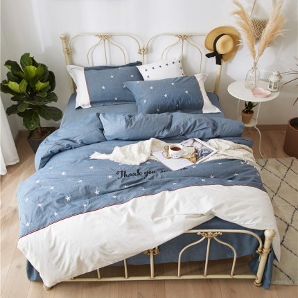 优然居家居 2018赫尔风水洗刺绣款四件套 赫本蓝