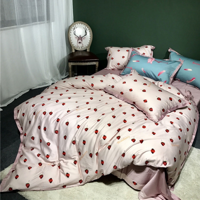 91家纺网 家纺一手货源 找家纺 优然居 2019小边款数码印花四件套 甜心草莓