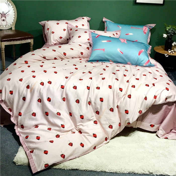 91家纺网 家纺一手货源 找家纺 优然居 2019小边款数码印花四件套 甜心草莓