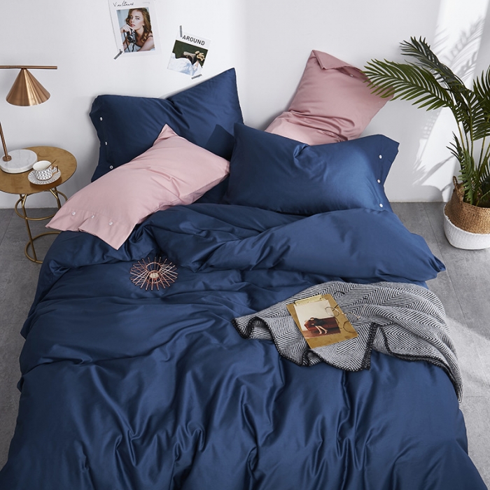 91家纺网 家纺一手货源 找家纺 优然居家纺 60支长绒棉纯色四件套藏青