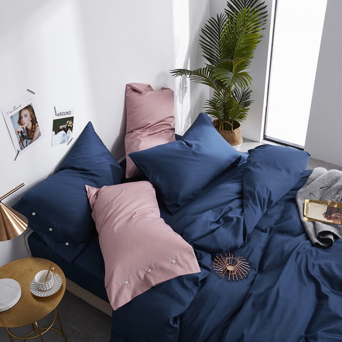 91家纺网 家纺一手货源 找家纺 优然居家纺 60支长绒棉纯色四件套藏青