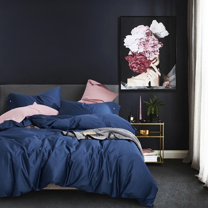 91家纺网 家纺一手货源 找家纺 优然居家纺 60支长绒棉纯色四件套藏青