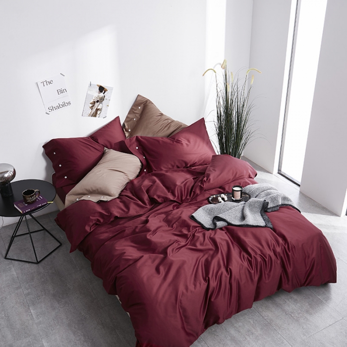 91家纺网 家纺一手货源 找家纺 优然居家纺 60支长绒棉纯色四件套酒红