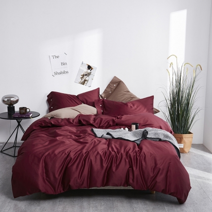 优然居家纺 60支长绒棉纯色四件套酒红