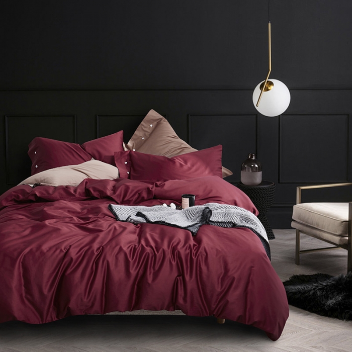 91家纺网 家纺一手货源 找家纺 优然居家纺 60支长绒棉纯色四件套酒红