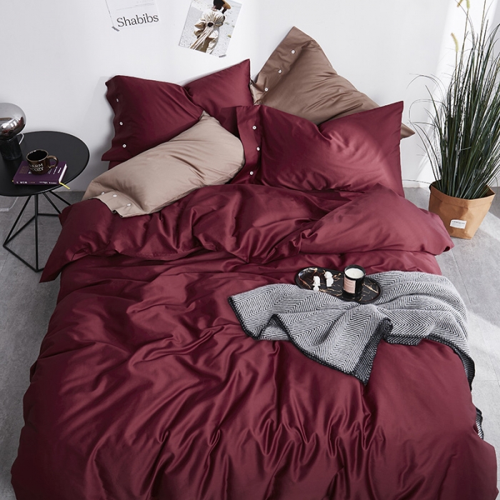 91家纺网 家纺一手货源 找家纺 优然居家纺 60支长绒棉纯色四件套酒红