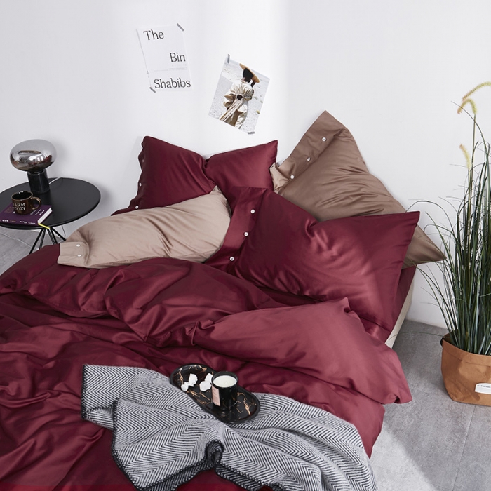 91家纺网 家纺一手货源 找家纺 优然居家纺 60支长绒棉纯色四件套酒红