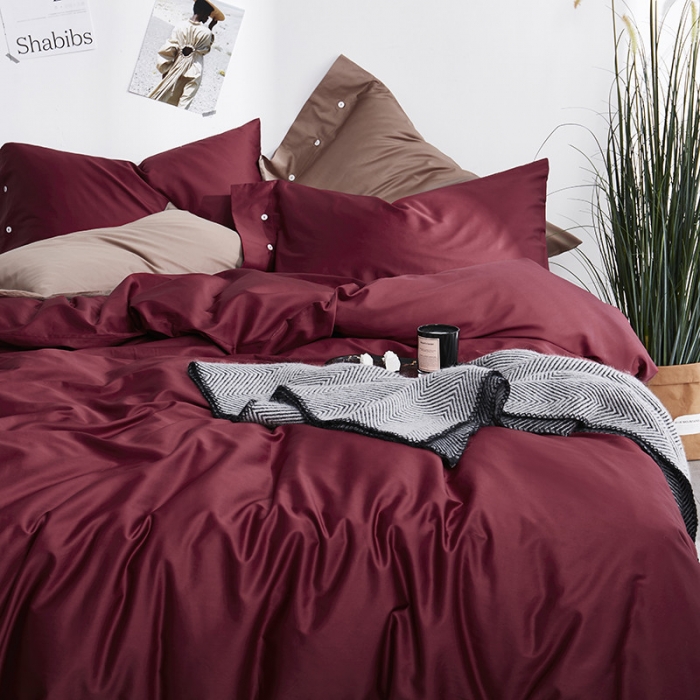 91家纺网 家纺一手货源 找家纺 优然居家纺 60支长绒棉纯色四件套酒红