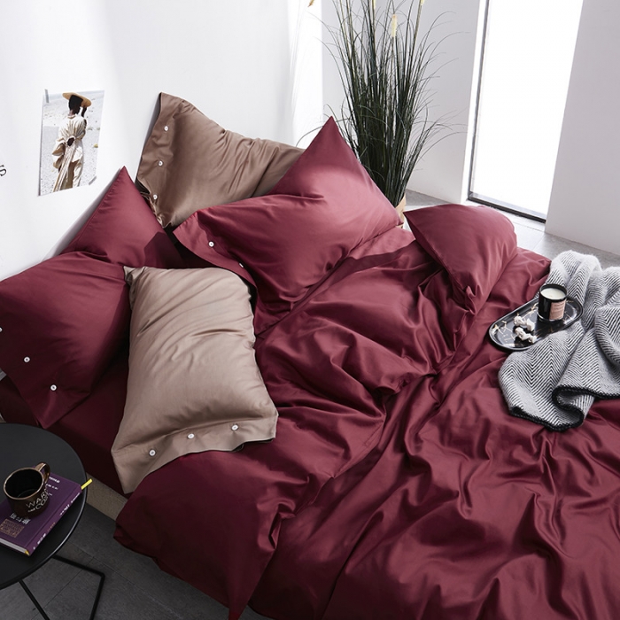 91家纺网 家纺一手货源 找家纺 优然居家纺 60支长绒棉纯色四件套酒红