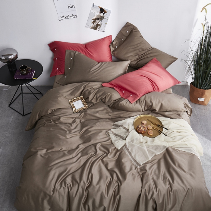 91家纺网 家纺一手货源 找家纺 优然居家纺 60支长绒棉纯色四件套卡其