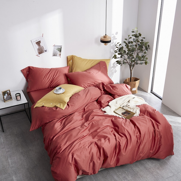 91家纺网 家纺一手货源 找家纺 优然居家纺 60支长绒棉纯色四件套珊瑚红