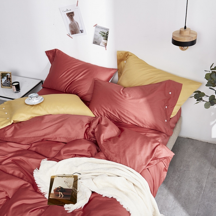 91家纺网 家纺一手货源 找家纺 优然居家纺 60支长绒棉纯色四件套珊瑚红