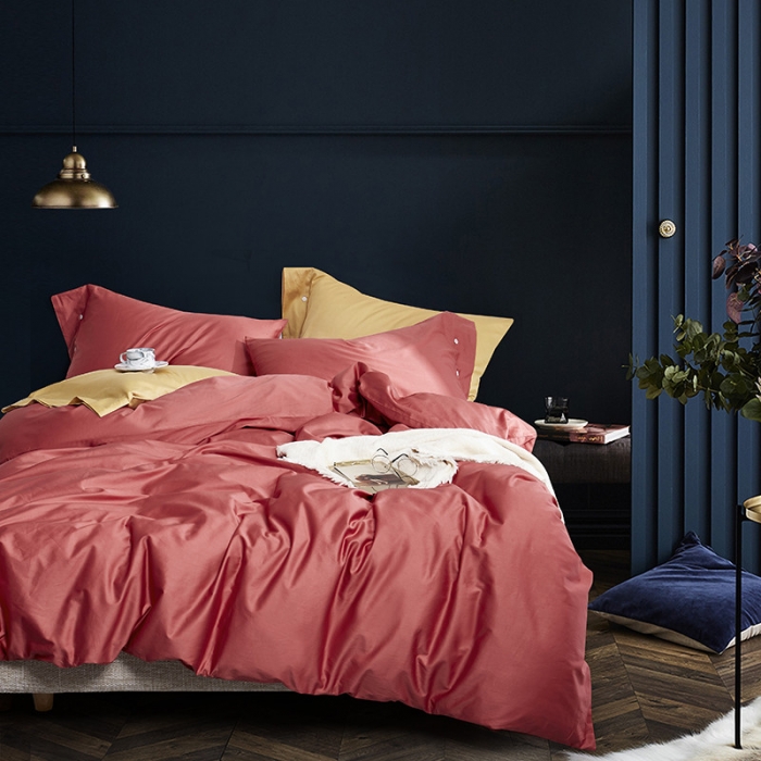 91家纺网 家纺一手货源 找家纺 优然居家纺 60支长绒棉纯色四件套珊瑚红