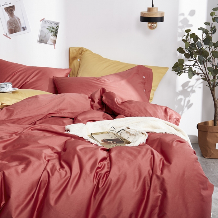 91家纺网 家纺一手货源 找家纺 优然居家纺 60支长绒棉纯色四件套珊瑚红