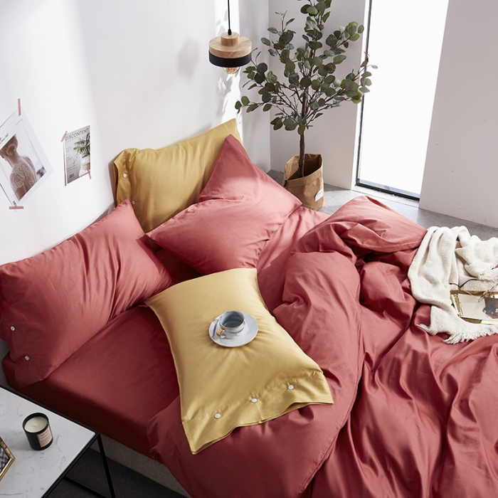 91家纺网 家纺一手货源 找家纺 优然居家纺 60支长绒棉纯色四件套珊瑚红