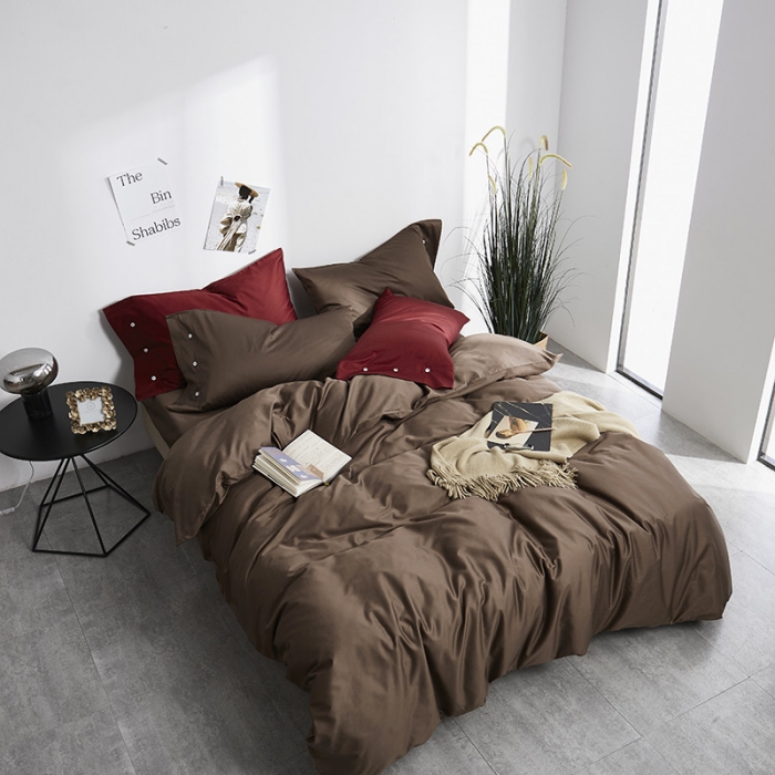 91家纺网 家纺一手货源 找家纺 优然居家纺 60支长绒棉纯色四件套深牧咖