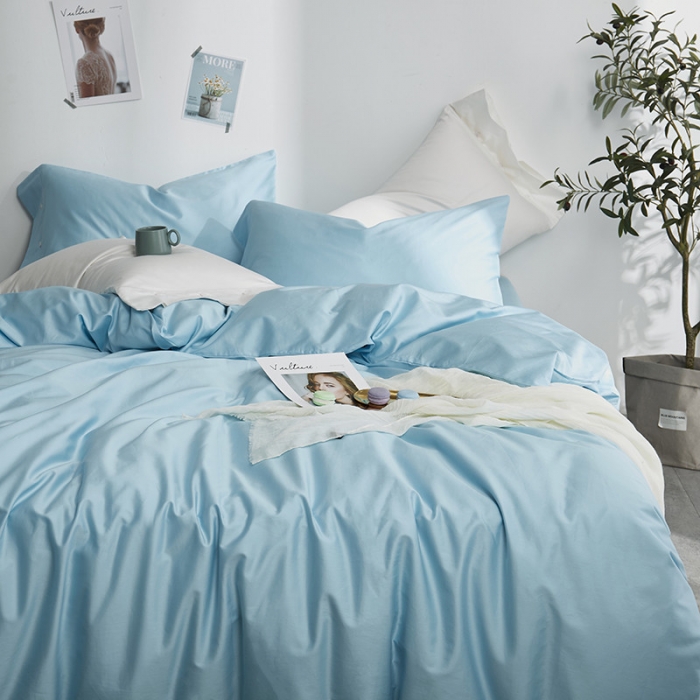 91家纺网 家纺一手货源 找家纺 优然居家纺 60支长绒棉纯色四件套天空蓝