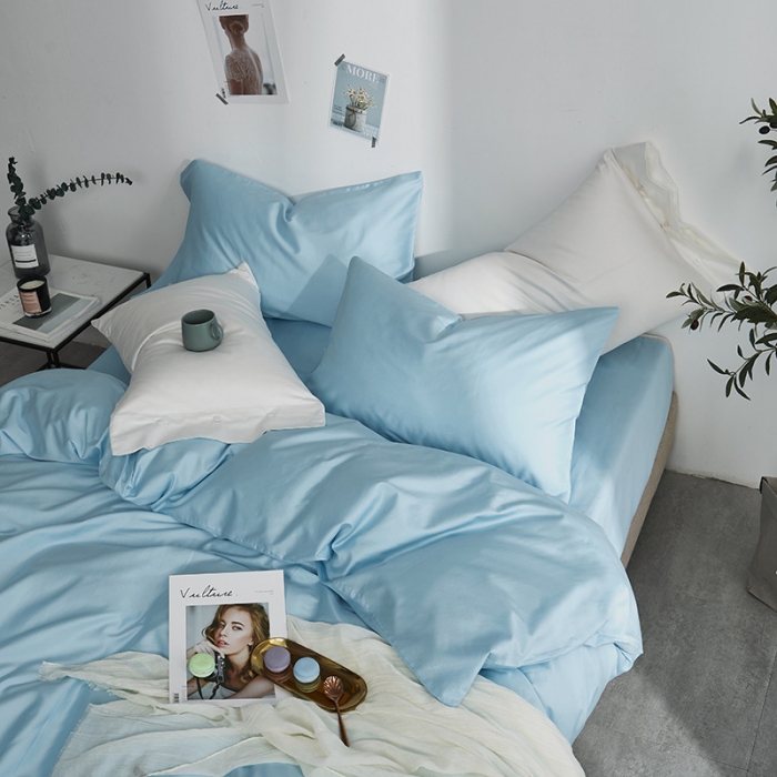 91家纺网 家纺一手货源 找家纺 优然居家纺 60支长绒棉纯色四件套天空蓝