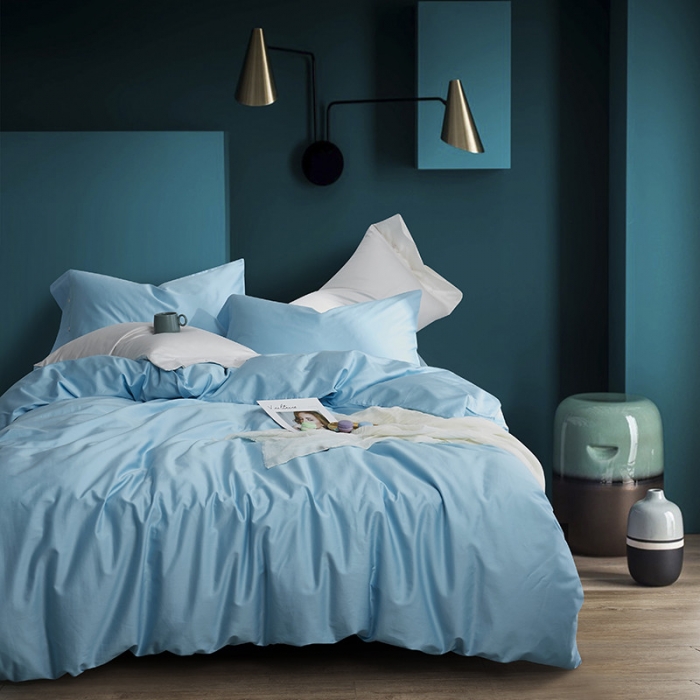 91家纺网 家纺一手货源 找家纺 优然居家纺 60支长绒棉纯色四件套天空蓝